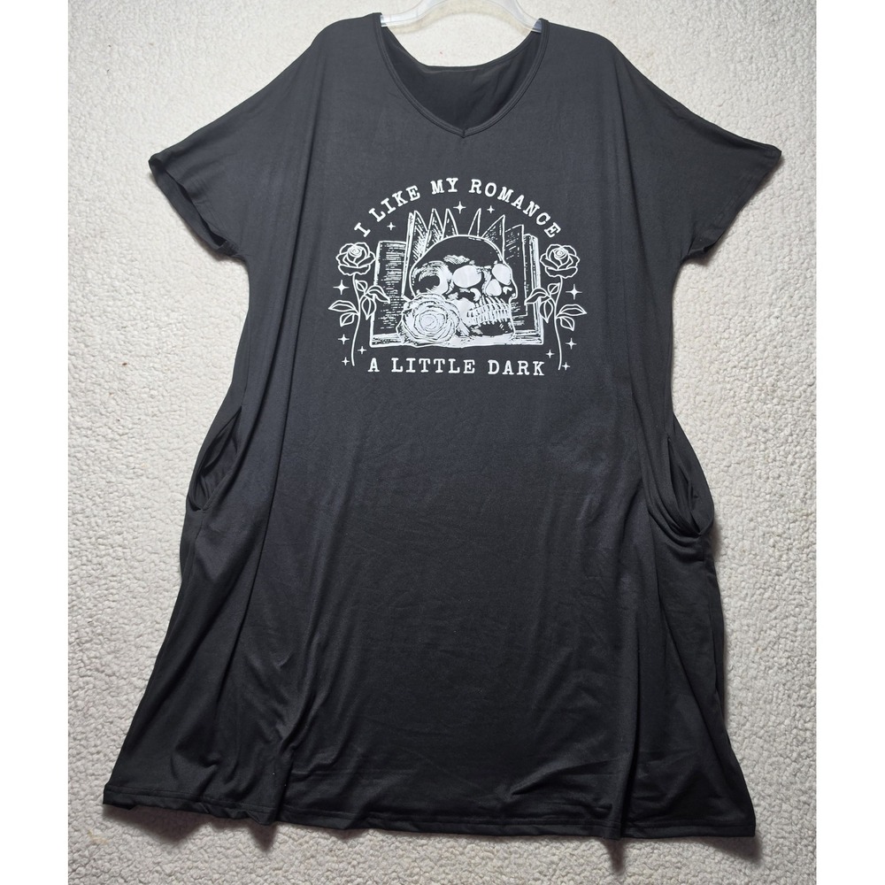 Black Skull Graphic T-Shirt Dress I Like My Romance A Little Dark 3XL Pockets